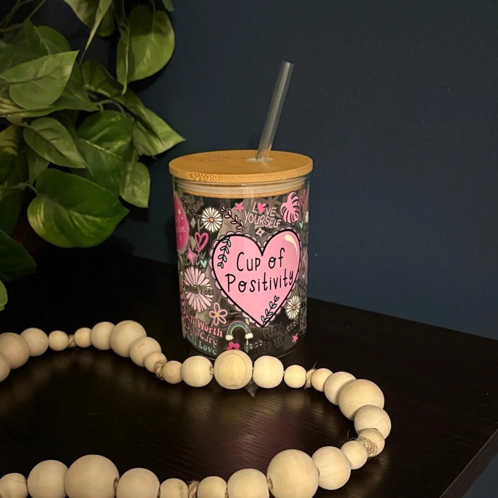 Colorful Motivational Glass Mug with Bamboo Lid - Picture 2 of 4